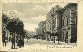 1902 Székesfehérvár, Nádor utca, Városi színház, Stignitz kávéház, Gondor üzlete. Eisler Adolf kiadása (EK)
