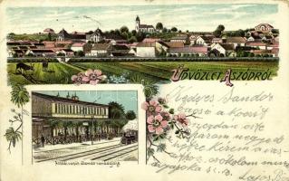 1904 Aszód, vasútállomás vendéglője, gőzmozdony. Art Nouveau, floral, litho (EB)