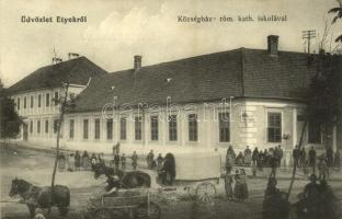 1913 Etyek, Községháza, Római katolikus iskola, lovasszekerek