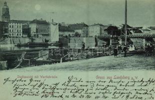 1898 Gorzów Wielkopolski, Landsberg an der Warthe; Stadtansicht mit Warthebrücke / street view, quay, Warta River bridge. O. Schleich Nachf. No. 225. M.