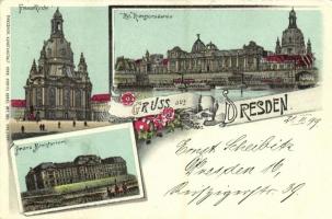 1899 Dresden, Frauenkirche, Kgl. Kunstacademie, Finanz-Ministerium / church, art academy, ministry of finance. Dresdner Kunstanstalt Vorm. Moritz Zobel Art Nouveau, floral, litho (EK)