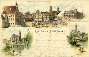 1899 Stuttgart, Marktplatz und Rathaus, Landesgewerbemuseum, Johanneskirche, Jägerhaus und Aussichtsturm auf dem Hasenberg / marketplace, town hall, museum, church, hunting lodge, lookout tower. Art Nouveau, floral, litho