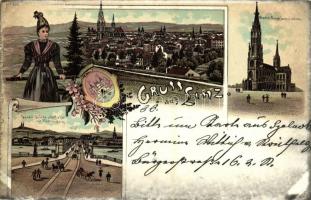 1898 Linz, Maria Empfängnissdom, Donau Brücke u. Urf mit Pöstlingberg / cathedral, bridge, coat of arms. Druck v. Regel & Krug No. 652. Art Nouveau, floral, litho