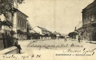 1905 Nagykároly, Carei; Széchenyi utca, Római katolikus nemzeti népiskola, Spitz Mór üzlete / street, school, shops (EK)