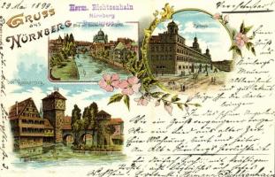 1899 Nürnberg, Blick auf das heilige Geist Spital, Rathaus, Der Heinkersteg / hospital, town hall, wooden boardwalk. Art Nouveau, floral, litho (EK)