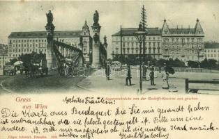 1898 Wien, Vienna, Bécs II. Augartenbrücke von der Rudolfs-Kaserne aus gesehen / bridge, horse-drawn tram. Edgar Schmidt 1870.