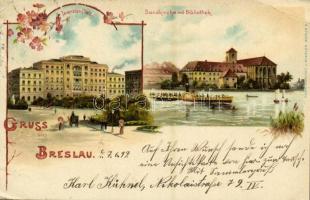 1899 Wroclaw, Breslau; Tauenzien-Platz, Sandkirche mit Bibliothek / square, church, library, steamship. Kunstanstalt J. Miesler Art Nouveau, floral, litho (EB)