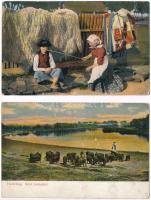 2 db RÉGI magyar hortobágyi népviseletes motívumlap / 2 pre-1945 Hungarian folklore motive postcards from Hortobágy