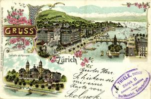 1898 Zürich, Tonhalle am Alpenquai / concert hall, bridge, tram. Julius Brann Art Nouveau, floral, litho