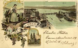 1898 Zürich, Grossmünster, Panorama / general view, cathedral, folklore, bridge, tram. Carl Künzli No. 244. Art Nouveau, floral, litho (EK)