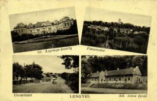 1938 Lengyel, Gr. Apponyi kastély, falu részlet, utca, Szent Anna fürdő (EK)