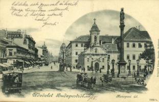 1900 Budapest VIII. Kerepesi út (Rákóczi út), Rókus kórház, lóvasút, villamos, Heller M. üzlete reklámja. Schmidt Edgar 1830 b.