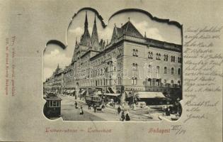 1900 Budapest VIII. Rákóczi út (Kerepesi út), Luther udvar, Munkácsy kávéház, villamos, üzletek. Divald Károly 212. sz.