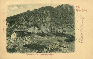 1899 Tátra, Magas Tátra, Vysoké Tatry; Schleiserhaus u. Blumengartenturm / Felkai-tó, Sziléziai ház, Virágoskerttorony / Velické pleso, Sliezsky dom, Kvetnicová veza / chalet, mountain peaks in the High Tatras (EK)