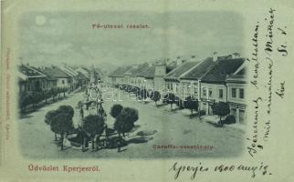 1900 Eperjes, Presov; Fő utca, Caraffa vesztőhely, Klein Mór, L. Rosenwasser üzlete. Fénynyomat Divald műintézetéből / main street, monument, shops