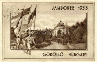 1933 Gödöllő, Cserkész Jamboree / International Scouting Jamboree in Hungary, boy scouts with flags + 1933 Gödöllő IV. Jamboree So. Stpl.