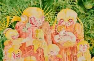 Mónus Viktor(1983-): Minta család 1. Vegyes technika, karton. Jelzett. 35x50 cm