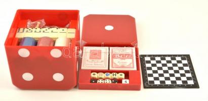 Társasjátékkészlet, 6 in 1 (dobókocka, dominó, sakk, ostábla, 2 pakli kártya), eredeti dobozában, táblán ragasztófoltok, egyébként jó állapotban