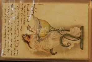 34 db 1900 körüli szecessziós képeslap kis albumban / 34 art / thematic postcards from about 1900 in small album