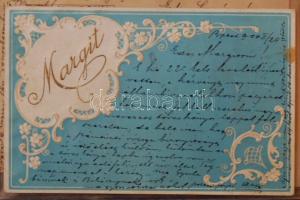 34 db 1900 körüli szecessziós képeslap kis albumban / 34 art / thematic postcards from about 1900 in...