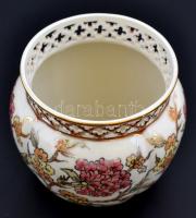 Zsolnay áttört karimájú virágos váza, kézzel festett, jelzett, apró kopásokkal, m: 10,5 cm