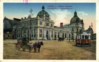 Lviv, Lwów, Lemberg; Glówny dworzec / Hauptbahnhof / railway station, tram, horse chariot (EK)