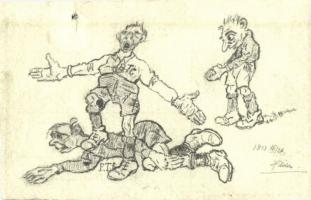 1913 BTC és FTC labdarúgó (foci) meccs. Saját kézzel rajzolt / Hungarian football match. hand-drawn art s: Hilda (lyuk / hole)