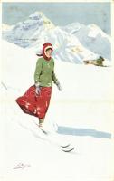 Winter sport art postcard. Skiing lady. Vouga & Cie No. 138. s: Pellegrini
