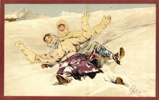 Winter sport art postcard. Sledding. Vouga & Cie No. 103. litho s: Pellegrini