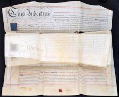 1828 Glouchtershire, kétoldalú szerződés William Brearley és James Drummond között, angol nyelven, egy levél sérült, hiányos, okmánybélyeggel, viaszpecséttel, 5 sztl. lev.