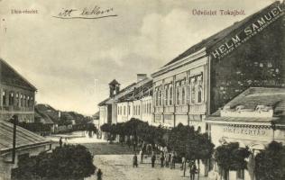 1912 Tokaj, utca, gyógyszertár, Helm Sámuel fűszer és vaskereskedése és saját kiadása (EK)