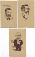 12 db régi művészlap a Megfagyott muzsikus sorozatból, karikatúrák híres emberekről, közte több Csebi szignójával / 12 pre-1945 art postcards, caricatures of famous people, most of them signed by Csebi