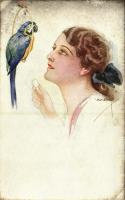 Italian art postcard: Lady with parrot. P.F.B. No. 3969/6. s: Usabal