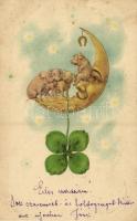 1900 New Year greeting art postcard with moon and pigs. litho