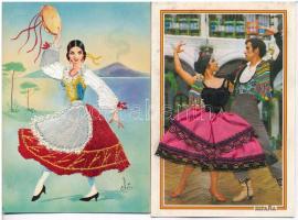 2 db MODERN spanyol hímzett népviseletes néptáncos motívum képeslap / 2 modern Spanish embroidered folklore motive postcards