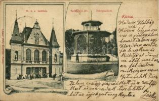 1905 Kassa, Kosice; MÁV indóház, vasútállomás, Széchenyi rét, Zenepavilon. László Béla kiadása / railway station, park, music pavilion. Art Nouveau  (kis szakadás / small tear)