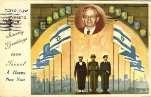 1959 Sincery Greetings from Israel, a Happy New Year! / Judaica art postcard with Yitzhak Ben-Zvi - modern postcard