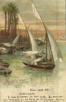 1898 Cairo, Le Caire; Dhahabiyes au bord du Nil / Nile port, ship. W. Hagelberg litho (Rb)