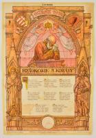 1914 Imádkozik a Király. Lithografált emléklap a világháború kezdetéről, 33x49 cm Foltos, javított.