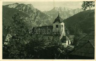 Ratece, Planica, Zupnijska cerkev s Ciprnikom in Mojstrovko / valley, church, mountains