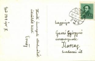 1939 Győr, látkép a Rába part mellől vasúti sínekkel, templomok