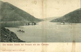 Perast, Perasto; Die beiden Inseln bei Perasto mit der Cattene / lake, islands, steamship (fl)