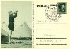 Festpostkarte zum Reichsparteitag / NSDAP German Nazi Party propaganda, Hitlerjugend, swastika; 6 Ga. Adolf Hitler + 1937 Reichsparteitag der NSDAP Nürnberg So. Stpl.