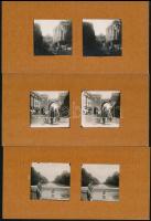 cca 1920 Szép emlékek sztereóban, 9 db vintage sztereo képpár különféle élményekről, látványokról és emlékekről, 4,3x4,6 cm, karton 8,5x17,5 cm