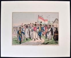 cca 1850 Verbunkos, katona toborzás. A Hazáért és a Királyért. Színezett fametszet. 13x22 cm Paszpar...