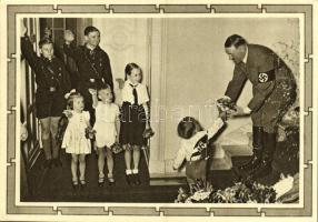 Adolf Hitler with little children and Hitlerjugend. NSDAP German Nazi Party propaganda 6+19 Ga.