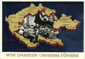 Wir danken unserm Führer / NSDAP German Nazi Party propaganda, Adolf Hitler, Konrad Henlein, map of the Czech Republic, swastika. 6 Ga. + "1939 Bückerburg" So. Stpl