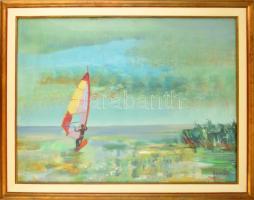 Szinte Gábor (1928-2012): Szörföző. Olaj, vászon, jelzett, üvegezett keretben, 60×80 cm