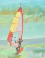 Szinte Gábor (1928-2012): Szörföző. Olaj, vászon, jelzett, üvegezett keretben, 60×80 cm