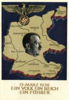 1938 März 13. Ein Volk, ein Reich, ein Führer! / Adolf Hitler, NSDAP German Nazi Party propaganda, map, swastika. 6 Ga.
